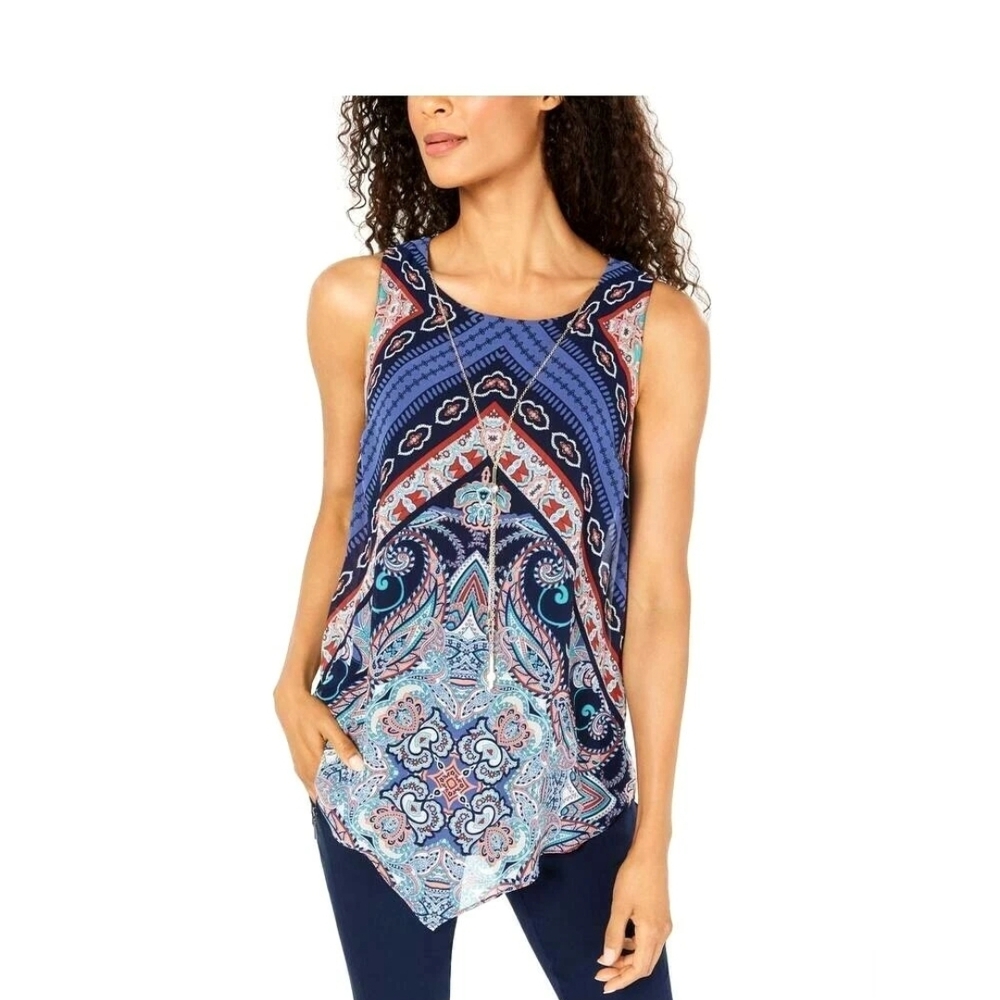 JM Collection Navy and Red Patterned Tank Top